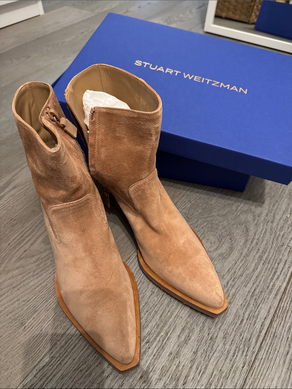 Stuart Weitzman Suede Pointed-Toe Ankle Booties in Light Tan